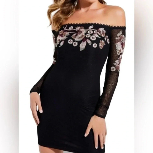 Guess | Mesh Floral Embroidered Off The Shoulder Dress - Picture 3 of 8